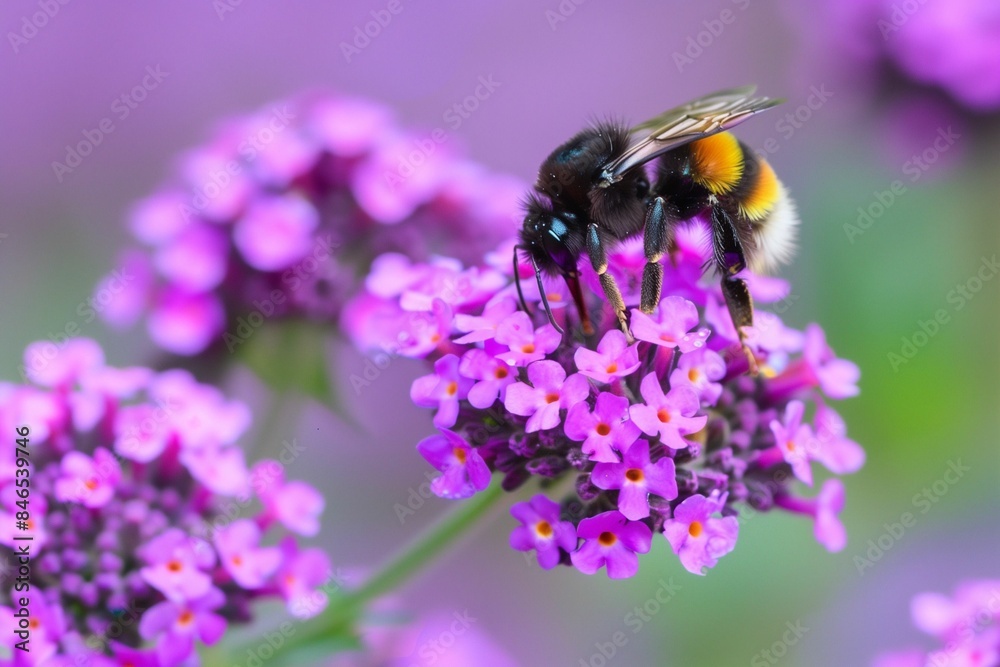 AI-generated illustration of a bumblebee on purple flowers in a garden AI-generated illustration of a bumblebee on purple flowers in a garden