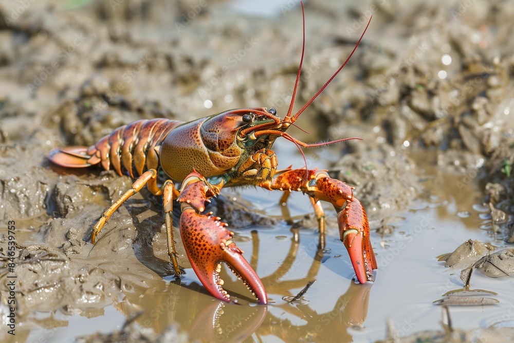 AI-generated illustration of an American red crayfish in muddy water AI-generated illustration of an American red crayfish in muddy water