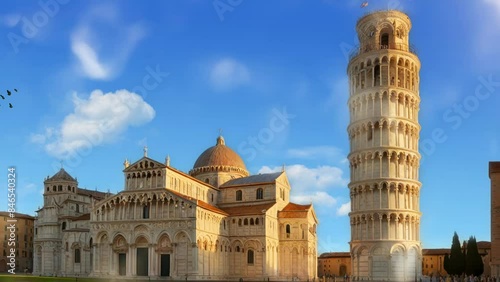 Santa Maria Assunta Cathedral and Leaning Tower of Pisa, Piazza dei Miracoil, Pisa, Tuscany, Italy. Seamless 4K looping virtual video animation background. photo