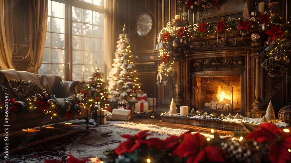 Fototapeta premium Cozy and Elegant Christmas Living Room with Festive Decor and Soft Lighting