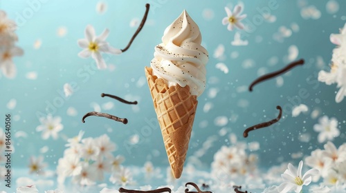 Vanilla Soft Serve Ice Cream Cone with Flowers and Vanilla Pods