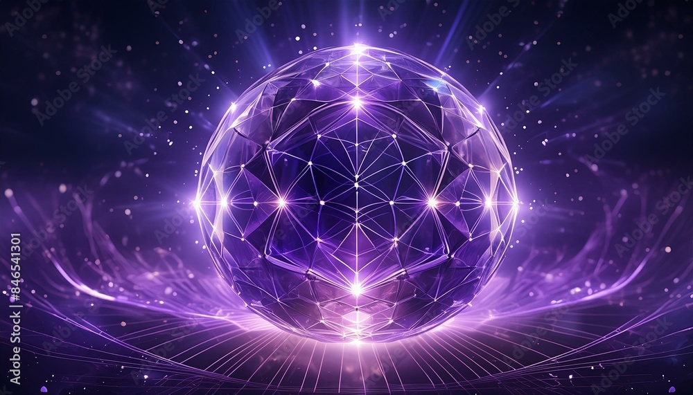 Fototapeta premium Magic abstract crystal purple energy sphere ball with particles and glowing lines on dark background
