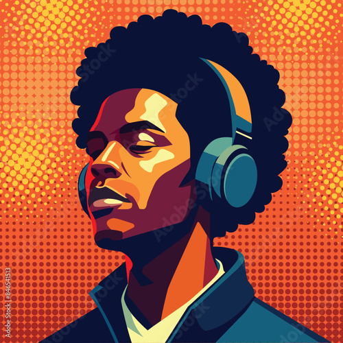 A black-skinned man listens to music with joy while wearing headphones.