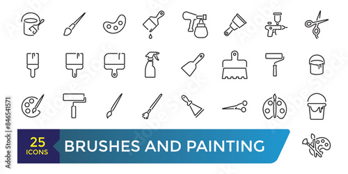 Brushes and Painting icon set. Related to Spray, Color palette, Paint Bucket and more. Collection and pack of linear web and ui icons. Editable stroke. Vector illustration