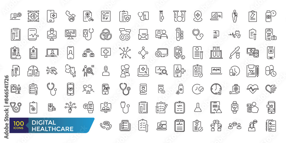 Digital healthcare icon set. Collection and pack of linear web and ui icons. Editable stroke. Vector illustration