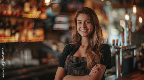 A female bartender, straight-faced, stands and smiles, looking at the camera