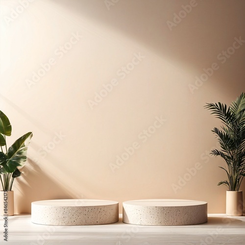 Empty two round terrazzo podium, cosmetic display stand with windows shadow and plant pot on beige background