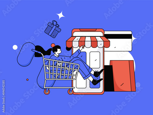 Holiday shopping people doing e-commerce online shopping flat vector concept operation hand drawn illustration
