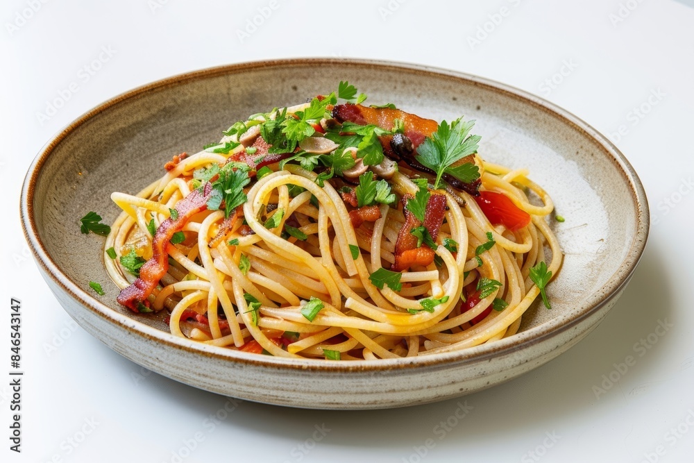 Vibrant Bacon and Whiskey Infused Spaghetti Western Delight in Rustic-Chic Bowl Vibrant Bacon and Whiskey Infused Spaghetti Western Delight in Rustic-Chic Bowl