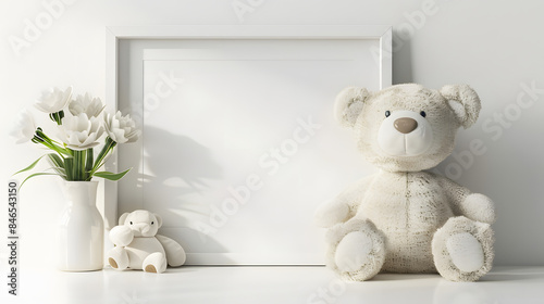 kids room decoration, blank picture frame, plush bear toy isolated on white background, isometry, png