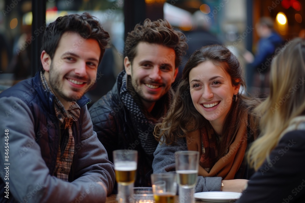Group of friends sitting at a table in a pub and drinking beer Group of friends sitting at a table in a pub and drinking beer