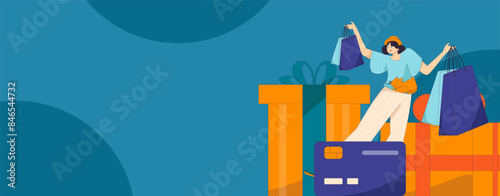 Holiday shopping people doing e-commerce online shopping flat vector concept operation hand drawn illustration
