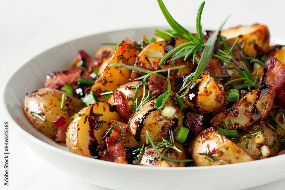 Elegant Bowl of Bacon and Scallion Potato Salad with Balsamic Drizzle Elegant Bowl of Bacon and Scallion Potato Salad with Balsamic Drizzle
