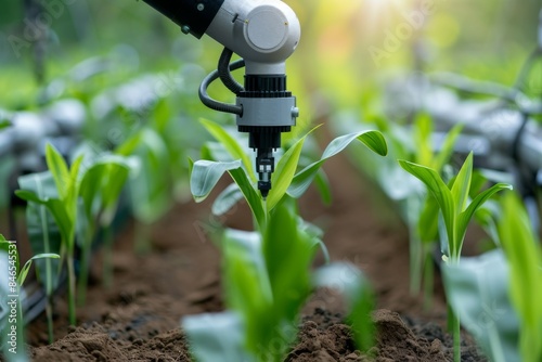 Automated farming equipment planting seedlings, capturing modern agriculture and precision