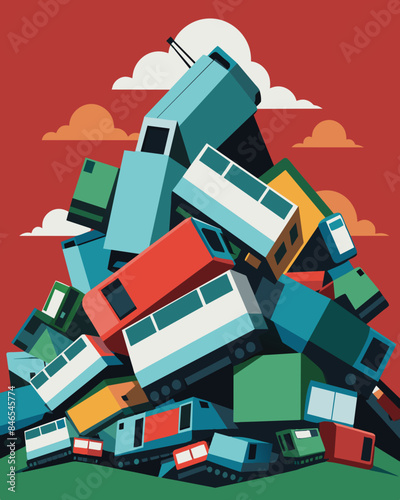 Trains overflowing with crates of unsold electronics piling up at a standstill.. Vector illustration