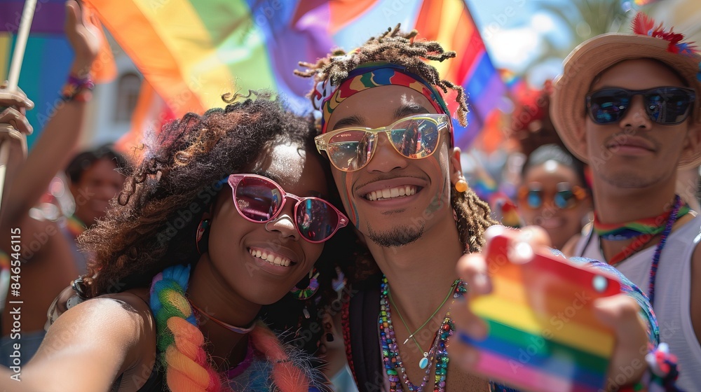 Group of friends enjoying an LGBTQ celebration while taking a selfie, with vivid rainbow flags adding a splash of color to the scene Group of friends enjoying an LGBTQ celebration while taking a selfie, with vivid rainbow flags adding a splash of color to the scene