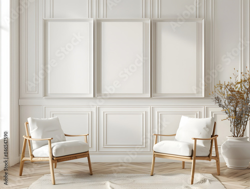 Living room with two chairs and three blank frame mockup