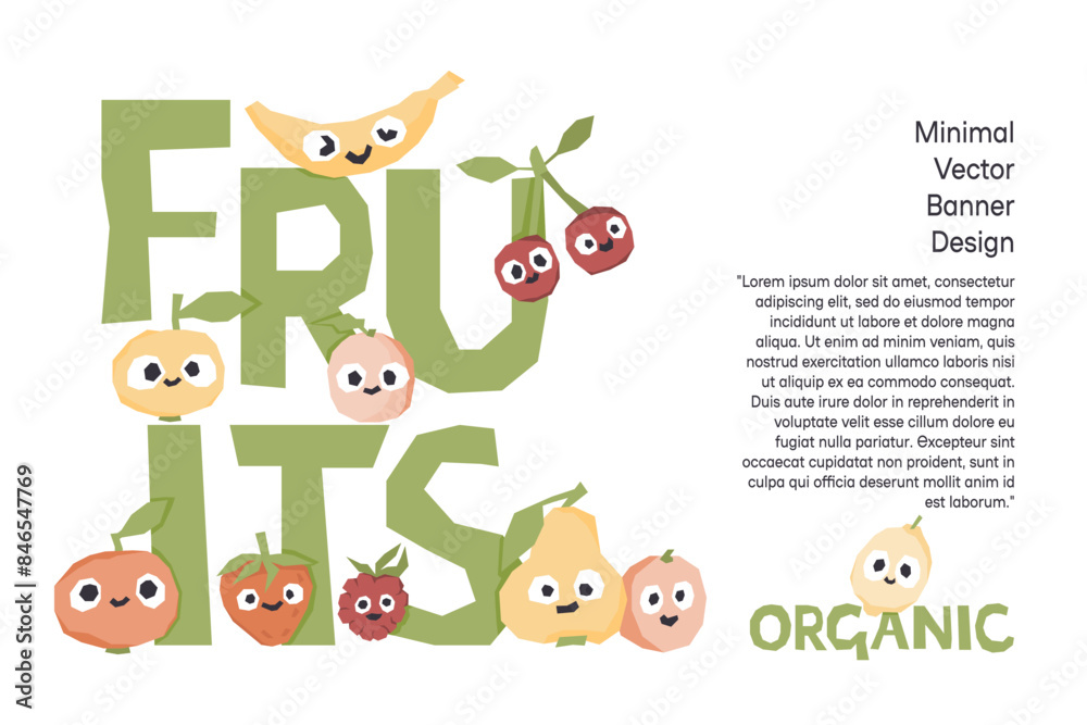 Cute fruit and berries characters banner for farmers market. Vector illustration with copyspace. Ecological agriculture production fair invitation, card, background Cute fruit and berries characters banner for farmers market. Vector illustration with copyspace. Ecological agriculture production fair invitation, card, background