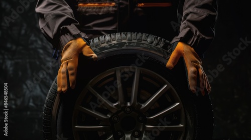Car tire service and hands of mechanic holding new tyre on black background with copy space for text