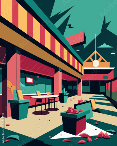 The once popular food court now sits abandoned and decaying a stark contrast to its former lively atmosphere.. Vector illustration