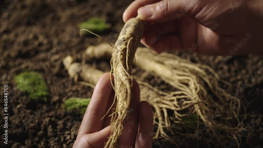 Hands of woman holding a ginseng root.traditional Chinese medicinal herb