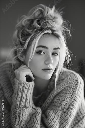 Young Woman in Cozy Sweater Posing Thoughtfully in Monochrome © Amaven