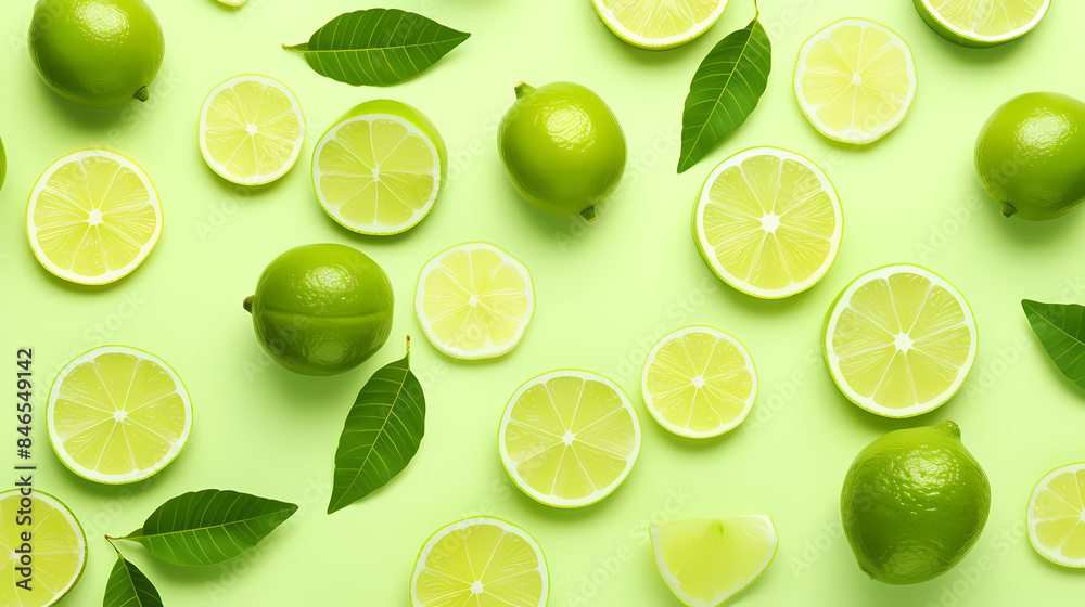 Flat lay of fresh limes and green leaves Flat lay of fresh limes and green leaves