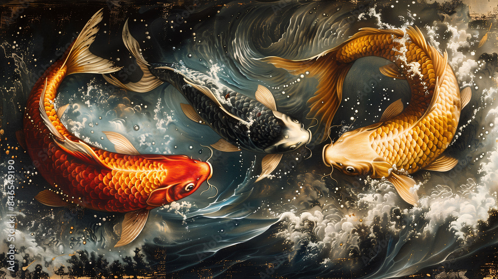 Abstract concept KOI leading swirling Japanese waves vibrant colors and dynamic flow