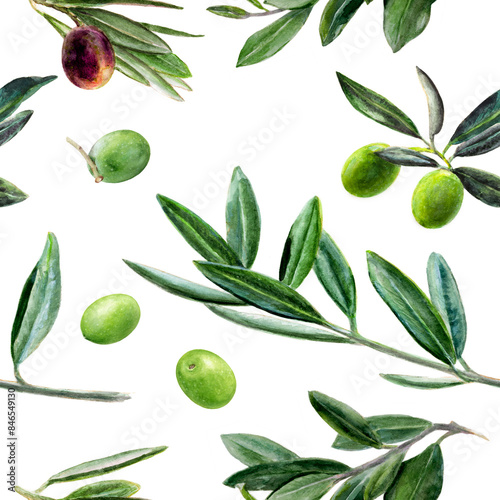 Wallpaper Mural Watercolor Olives Branch Pattern with Seamless Green and Black Leaves Botanical Illustration Art Torontodigital.ca