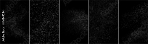 Set of distressed white grainy texture. Dust overlay textured. Grain noise particles. Snow effects pack. Rusted black background. Vector illustration, EPS 10.	
