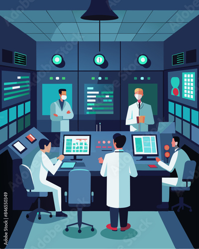 Inside a dimly lit control room operators monitor and adjust the various stages of treatment ensuring maximum efficiency.. Vector illustration