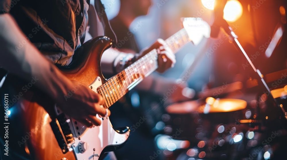Obraz premium Close up of guitarist from music band playing on stage, band performing for live crowd in a pub, concept of live music and performing on stage