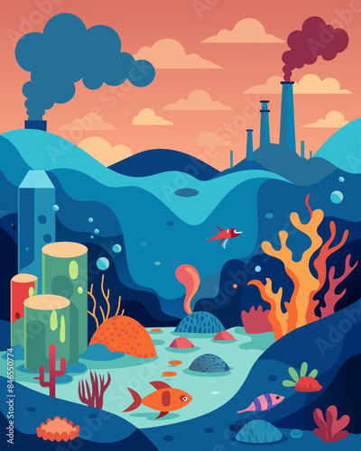 The coral reef a diverse and delicate ecosystem is bleached and destroyed by the dumping of wastewater from factories and mines.. Vector illustration