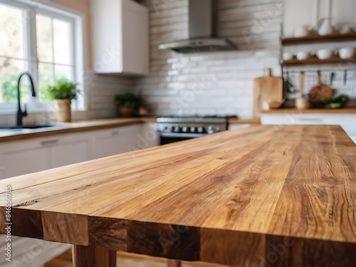 Empty wood table top with blurred bright kitchen background