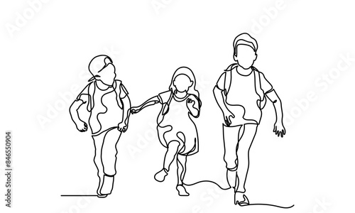 Back to school, continuous line drawing of Schoolchildren boy and girl going to school holding hands each other.kindergarten Backpack, child, education, bag students black and white background.

