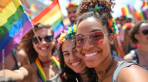 A close-knit group of friends enthusiastically snapping a selfie with bright rainbow flags and a crowd of celebrants in the background at an LGBTQ festival  © Ratchpon