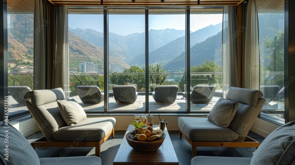 Fototapeta premium The relaxation lounge offers a peaceful space for guests to enjoy a cup of herbal tea and organic fruit while gazing at scenic mountain views through the floortoceiling windows.