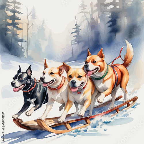 Dogs pulling a sleigh Ilustration Design Very Cool