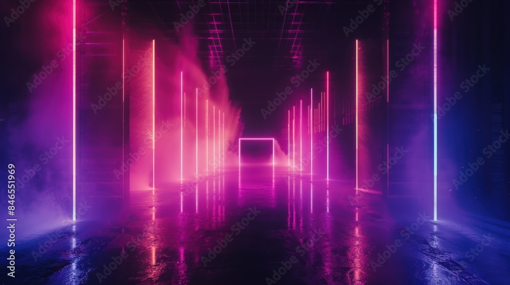 Abstract dark background with neon glow. Background of empty stage show. Neon light and laser show. Laser futuristic shapes on a dark background Abstract dark background with neon glow. Background of empty stage show. Neon light and laser show. Laser futuristic shapes on a dark background