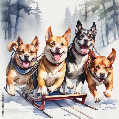 Dogs pulling a sleigh Ilustration Design Very Cool