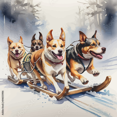Dogs pulling a sleigh Ilustration Design Very Cool