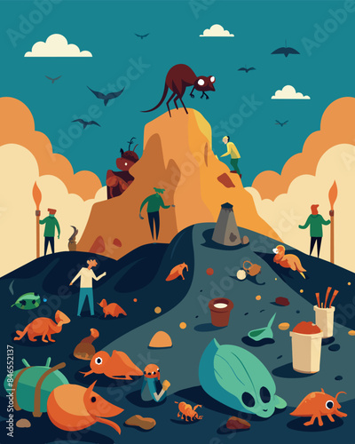 The overburdened landfill had become a ground for pests and disease as the excess waste attracted hoards of scavengers in search of food.. Vector illustration