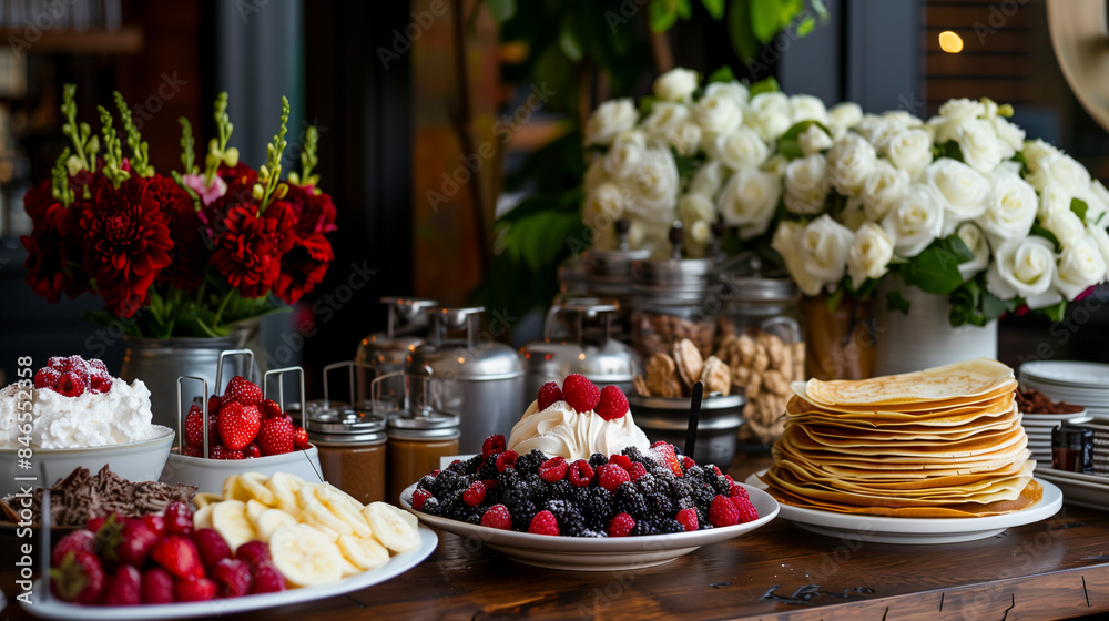 Elegant Dessert Bar with Berry-Topped Pancake Stack Elegant Dessert Bar with Berry-Topped Pancake Stack