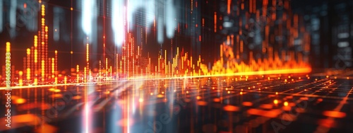 Abstract Digital Financial Chart with Glowing Orange and Red Lines Representing Stock Market Trends