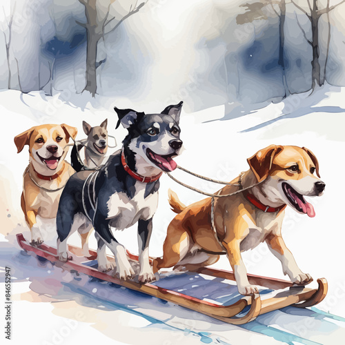 Dogs pulling a sleigh Ilustration Design Very Cool