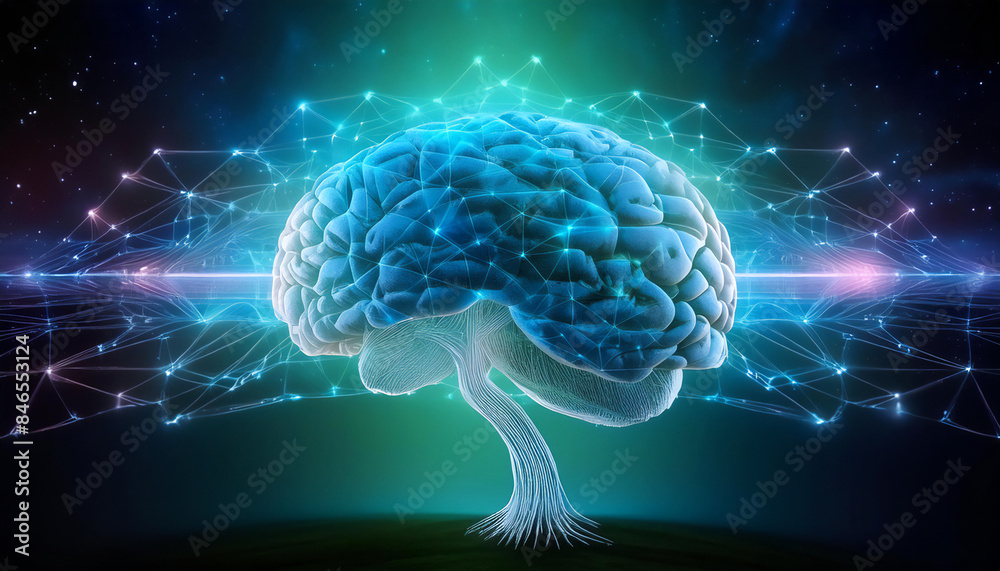 Fototapeta premium Visualization of an abstract image of only brain, which illustrates of data exchange with a microprocessor, in blue and green, on a black background
