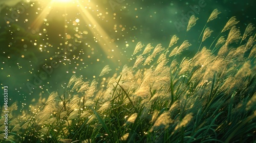 Sunlit grass blades in a green forest © Boomanoid