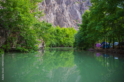 Camping tents in Kayaarası Canyon. 07/04/2019 Arapgir, Malatya, Türkiye