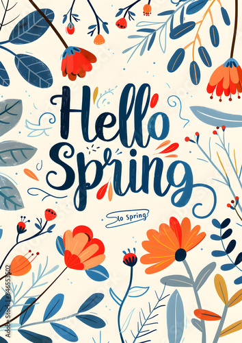 Minimalist spring illustration, botanical, nature - based patterns with small little leaves and flowers around an empty borderless white background