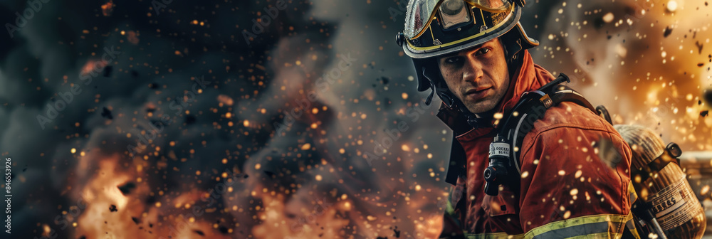 Fototapeta premium A firefighter in full gear stands amidst a raging fire, his determined gaze fixed on the flames